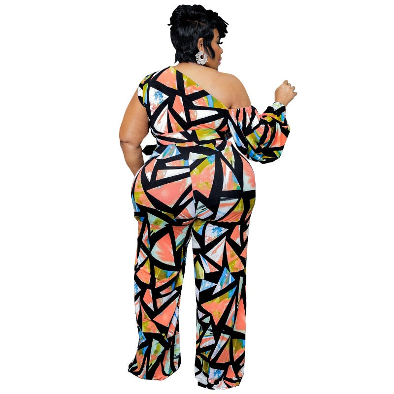 Women's Jumpsuit L- 4xl Plus Size One Piece Outfits Single Sleeve Plaid Wide Leg with Slash Bodysuit