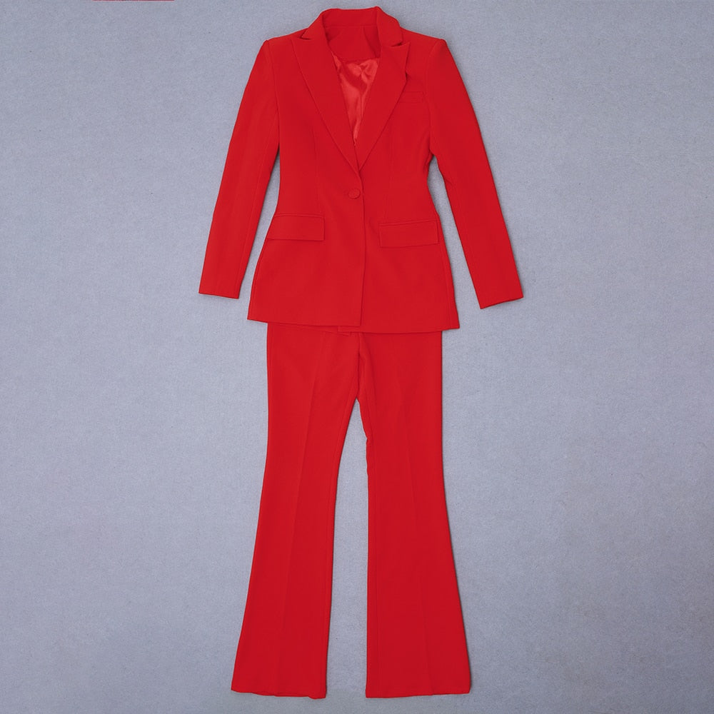 Purple Red Pants Blazer Suit Two Piece Blazer Set Office Ladies Single Buttons Formal Blazer Flare Pants Suits High Quality