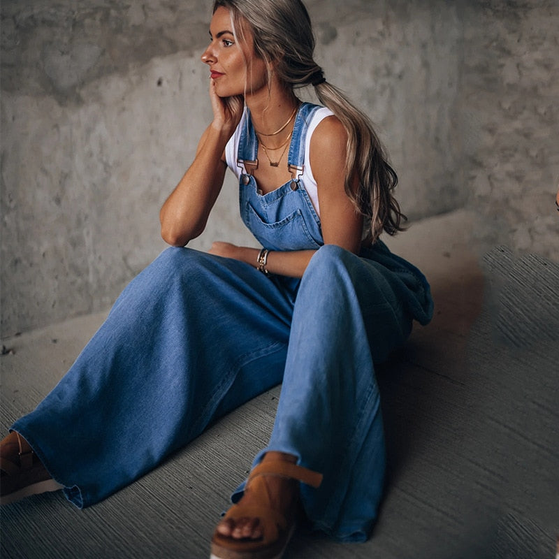 Wide-Leg Jumpsuits Women's Blue Denim Overalls Women's Loose Fashion High-Waist New Pocket Jumpsuits