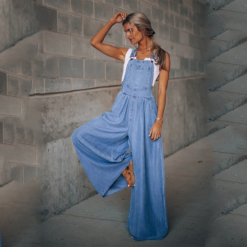 Wide-Leg Jumpsuits Women's Blue Denim Overalls Women's Loose Fashion High-Waist New Pocket Jumpsuits