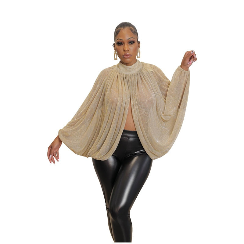 See Through Mesh Shinny Turtleneck Bishop Sleeve T-shirt Female Fashion Loose Casual Top