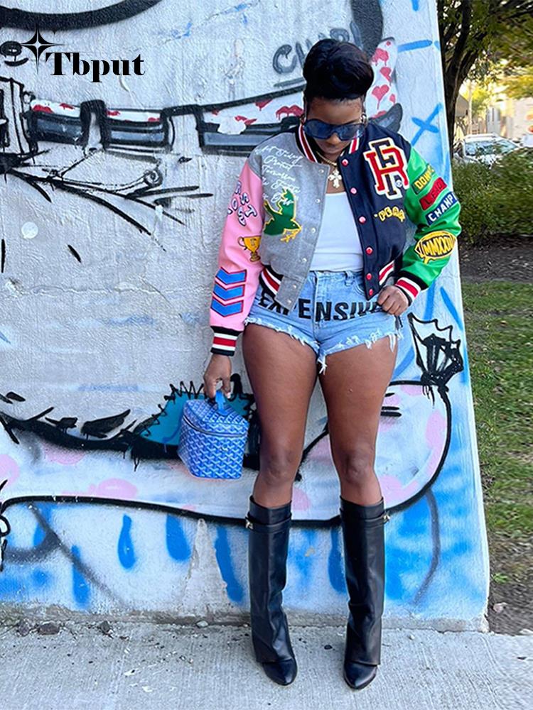 Women Printed Thread Letter Baseball Jacket Spring Single Breasted Cropped Streetwear Racing Color Contrast Bomber Coat