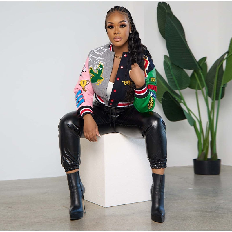 Women Printed Thread Letter Baseball Jacket Spring Single Breasted Cropped Streetwear Racing Color Contrast Bomber Coat
