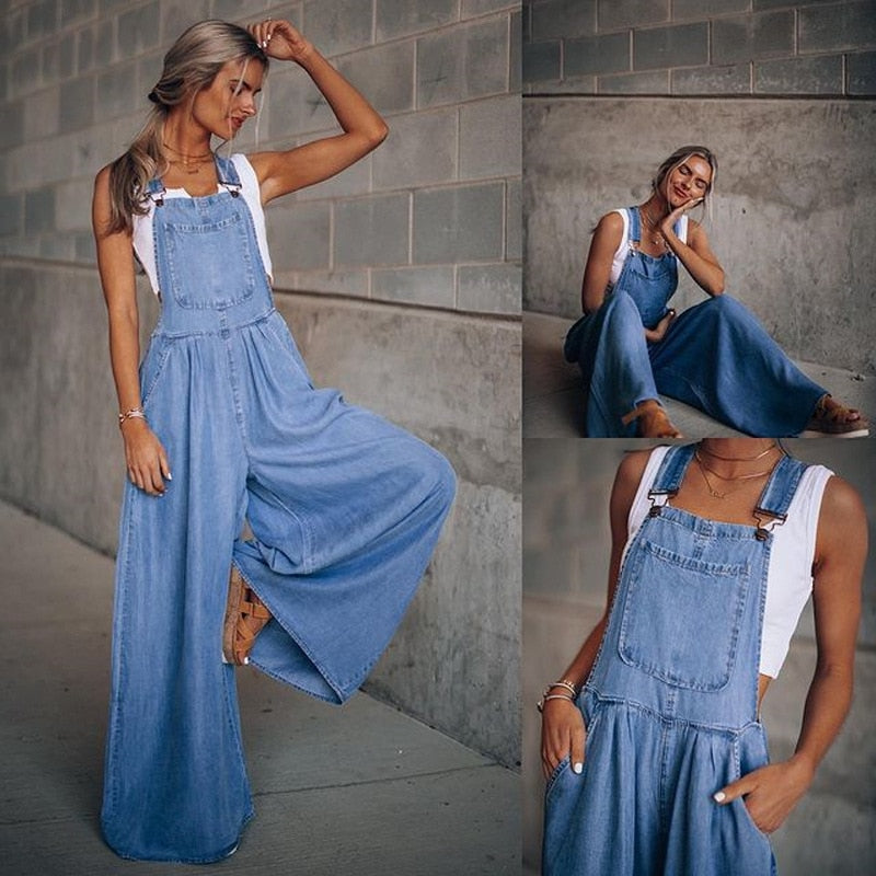 Wide-Leg Jumpsuits Women's Blue Denim Overalls Women's Loose Fashion High-Waist New Pocket Jumpsuits
