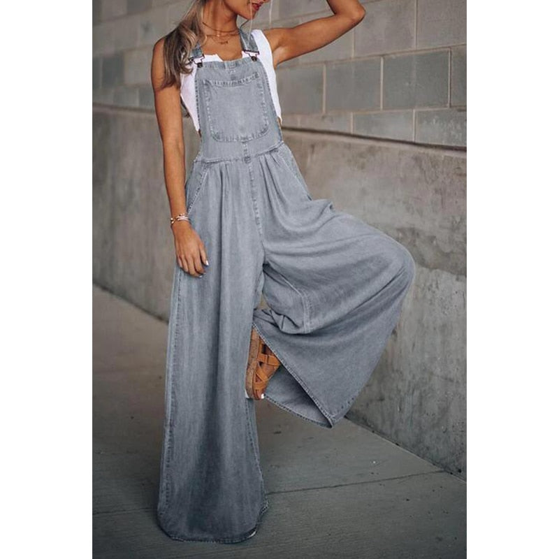 Wide-Leg Jumpsuits Women's Blue Denim Overalls Women's Loose Fashion High-Waist New Pocket Jumpsuits