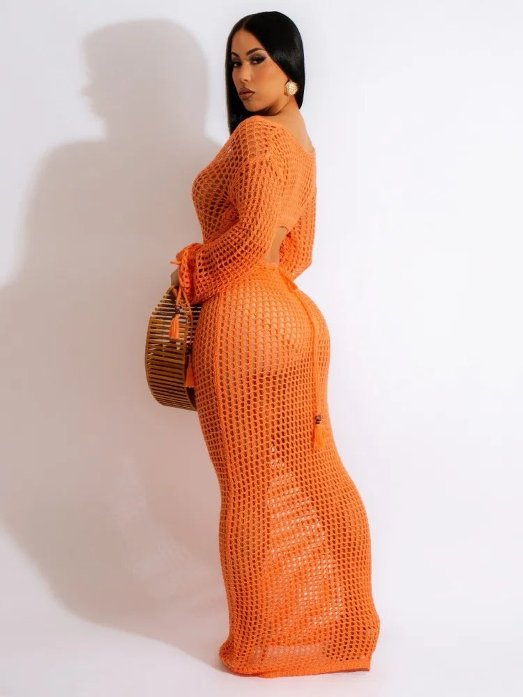 Women Knitted Dresses Deep V Neck Tassels Sleeves Crochet Dress Hollow Out Crocheted