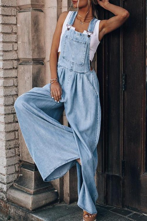 Wide-Leg Jumpsuits Women's Blue Denim Overalls Women's Loose Fashion High-Waist New Pocket Jumpsuits