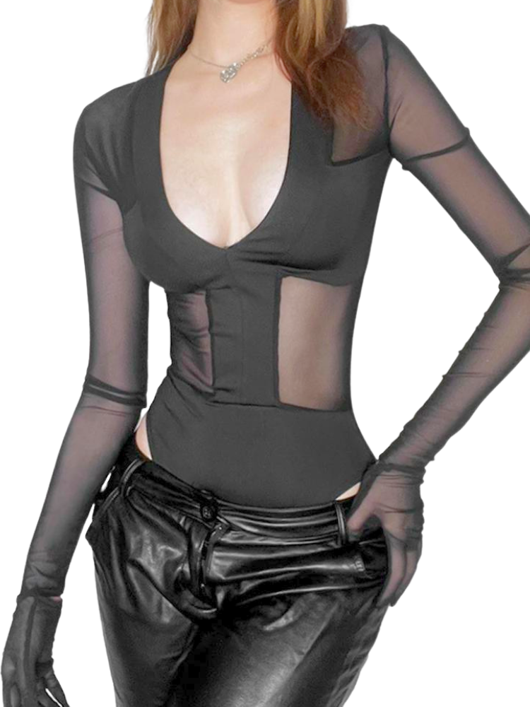 Mesh Patchwork Bodysuit V-neck Long Sleeve With Gloves Sheath