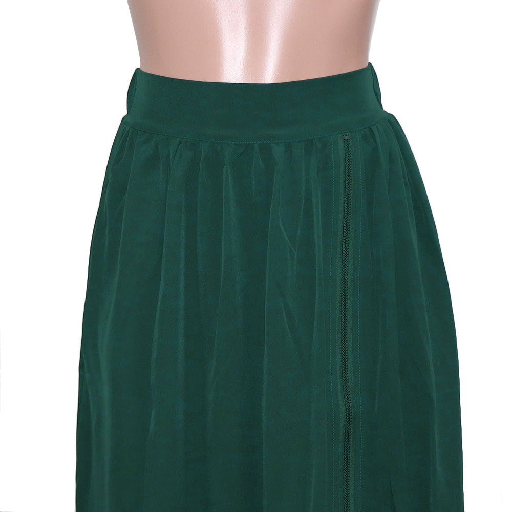 Zippered Split Elastic Waist Skirt