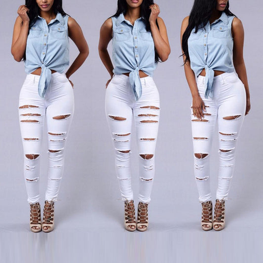 High Quality Women Casual Hole Jeans High Waist Skinny Pant Pencil Jeans Ripped Sexy Female Girls Trousers Denim Jeans