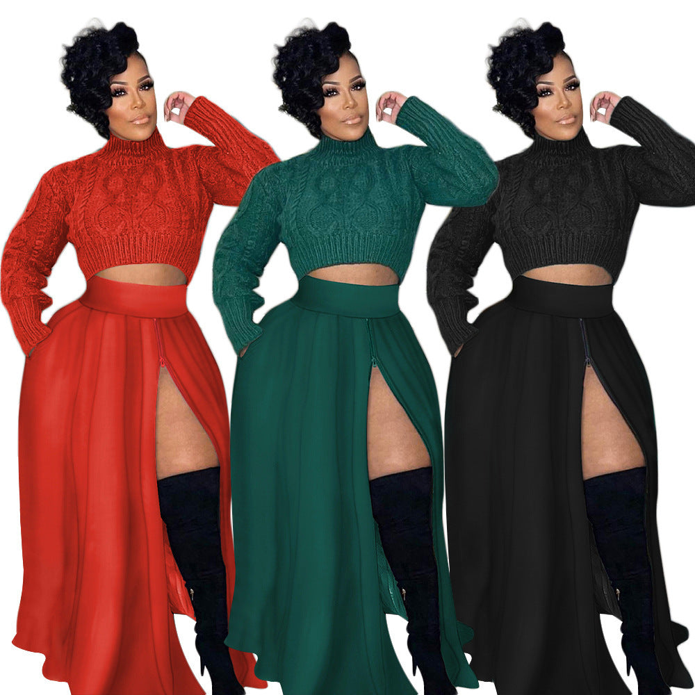 Zippered Split Elastic Waist Skirt