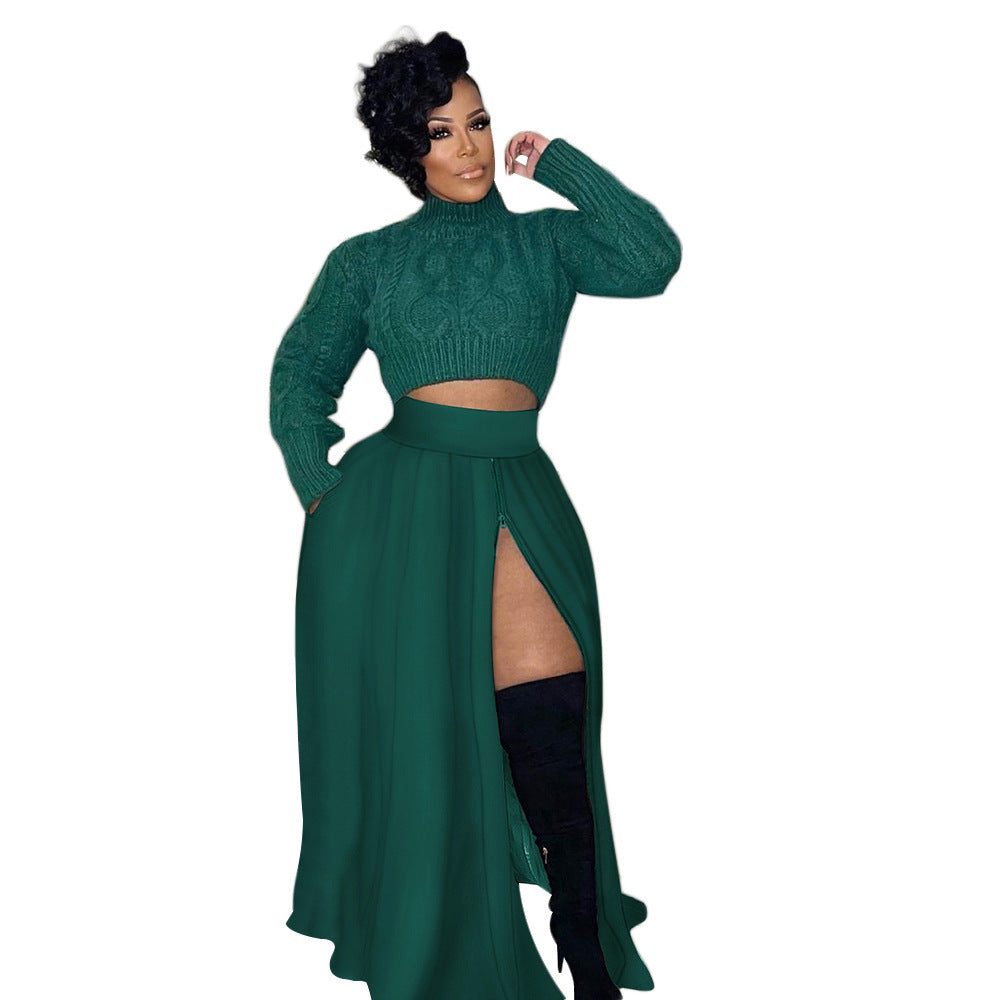 Zippered Split Elastic Waist Skirt