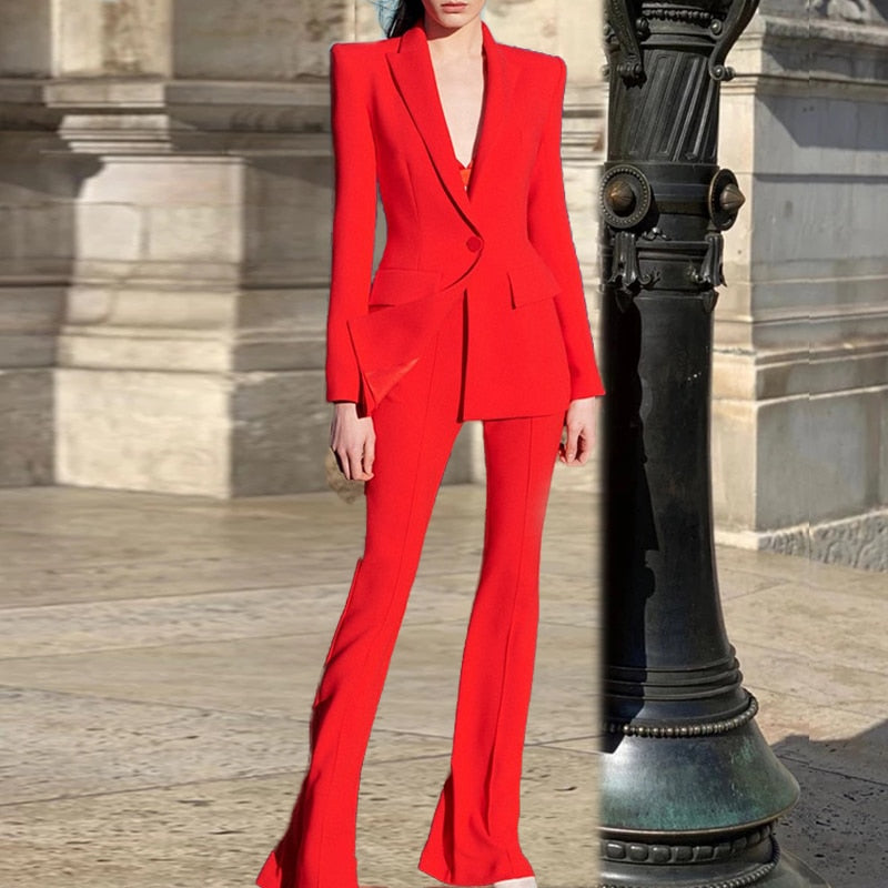 Purple Red Pants Blazer Suit Two Piece Blazer Set Office Ladies Single Buttons Formal Blazer Flare Pants Suits High Quality