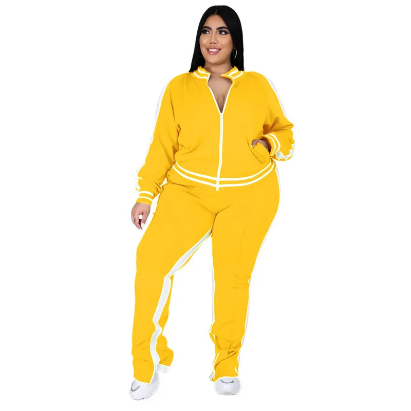 Two Piece Set Women Sweatsuit Zip Striped Top Slit Sweatpants Jogger Outfit Matching Set