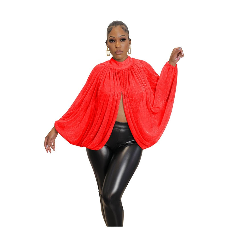 See Through  Mesh Shinny Turtleneck Bishop Sleeve T-shirt Female Fashion Loose Casual Top
