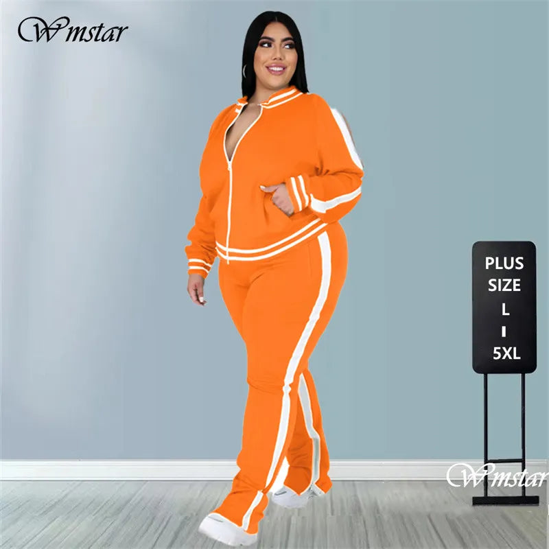 Two Piece Set Women Sweatsuit Zip Striped Top Slit Sweatpants Jogger Outfit Matching Set