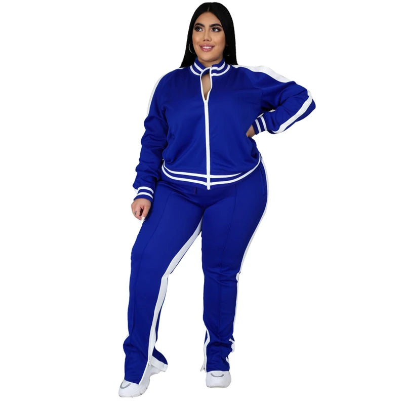 Two Piece Set Women Sweatsuit Zip Striped Top Slit Sweatpants Jogger Outfit Matching Set