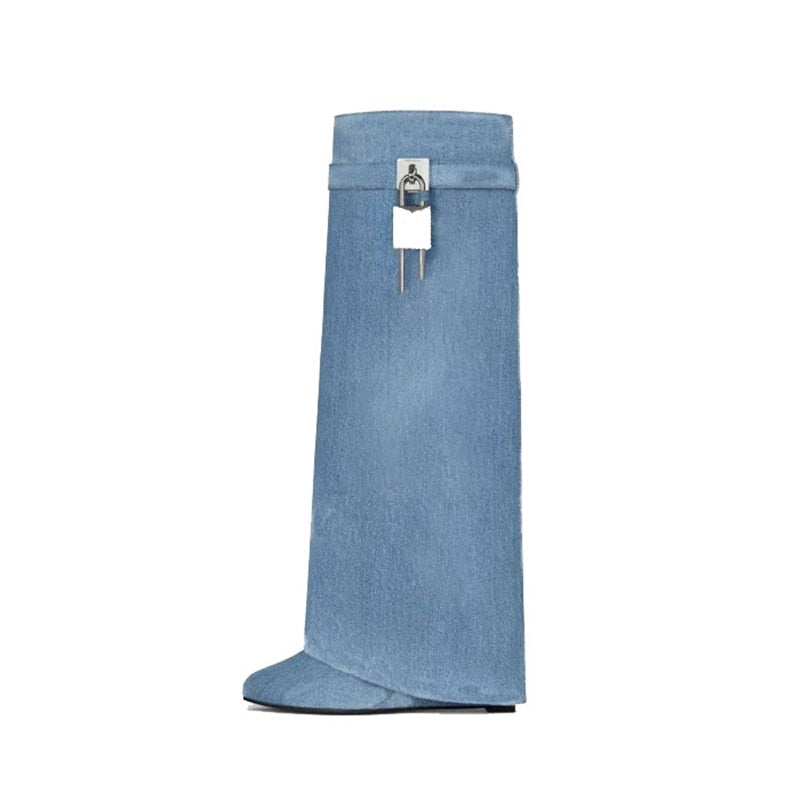 Taylor Denim Shark Boots with Lock Buckle