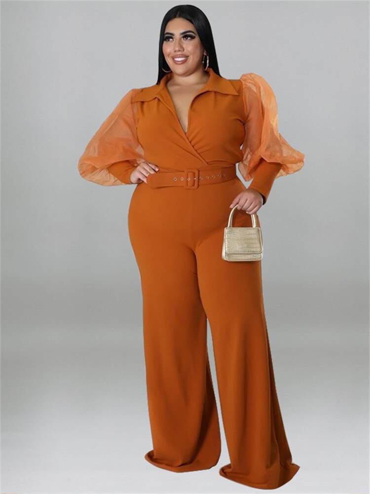 Wmstar Jumpsuit Plus Size Women Clothes V Neck with Belt Single Mesh Sleeve Elegant Bodysuit Office Lady Wholesale Dropshipping