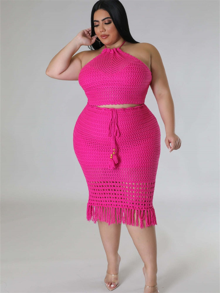 Wmstar Plus Size Skirts Sets Women 2 Piece Outfits Knitting Crop Top Maxi Skirt Wholesale Dropshipping