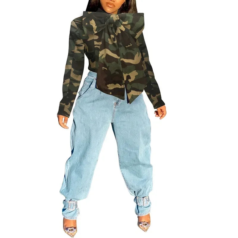 Versatile Denim Top Plus Size Women's Top Shirt Casual Slim Design Bowknot Shirt Denim Top Long Sleeve