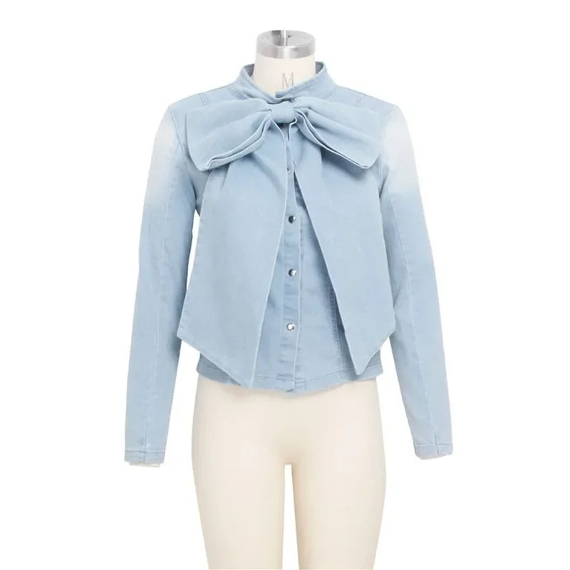 Versatile Denim Top Plus Size Women's Top Shirt Casual Slim Design Bowknot Shirt Denim Top Long Sleeve