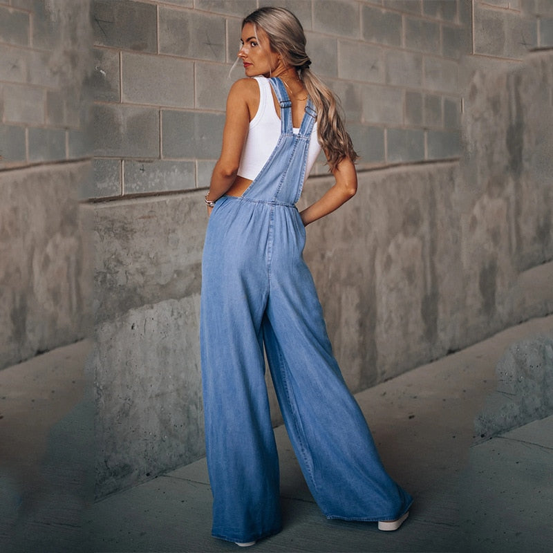 Wide-Leg Jumpsuits Women's Blue Denim Overalls Women's Loose Fashion High-Waist New Pocket Jumpsuits
