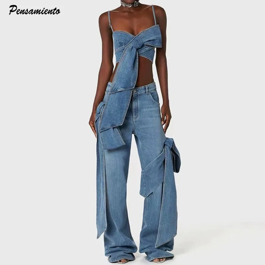 Fashion Women Bowtie Bandage 2 Piece set Denim crop tops Sling Vest High Waist Wide Leg Straight Janes Female Spring New Trendy