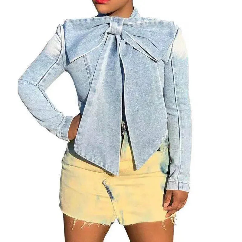 Versatile Denim Top Plus Size Women's Top Shirt Casual Slim Design Bowknot Shirt Denim Top Long Sleeve