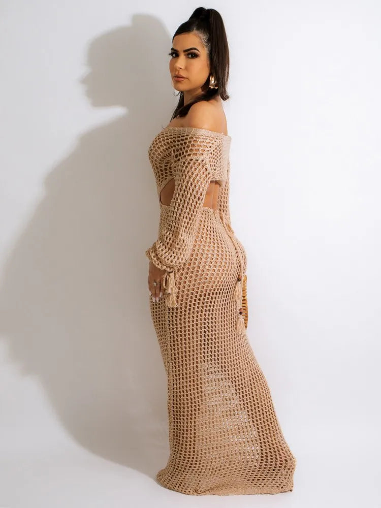 Women Knitted Dresses Deep V Neck Tassels Sleeves Crochet Dress Hollow Out Crocheted