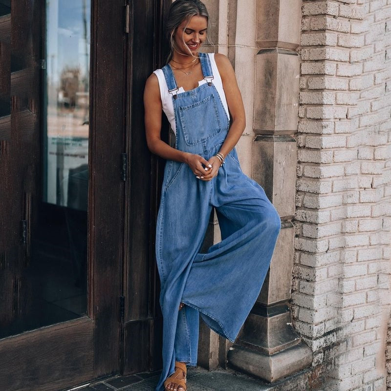 Wide-Leg Jumpsuits Women's Blue Denim Overalls Women's Loose Fashion High-Waist New Pocket Jumpsuits