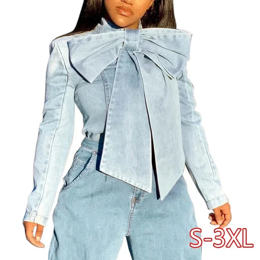 Versatile Denim Top Plus Size Women's Top Shirt Casual Slim Design Bowknot Shirt Denim Top Long Sleeve