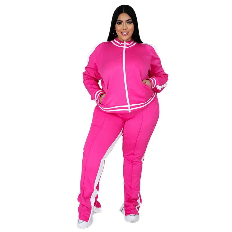 Two Piece Set Women Sweatsuit Zip Striped Top Slit Sweatpants Jogger Outfit Matching Set