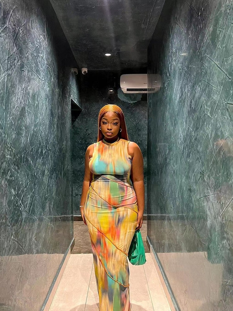 Kliou Halter Aesthetic Colorful Tie Dry Maxi Dress Women Hipster Striped Patchwork Sleeveless Straight Robe Female Streetwear