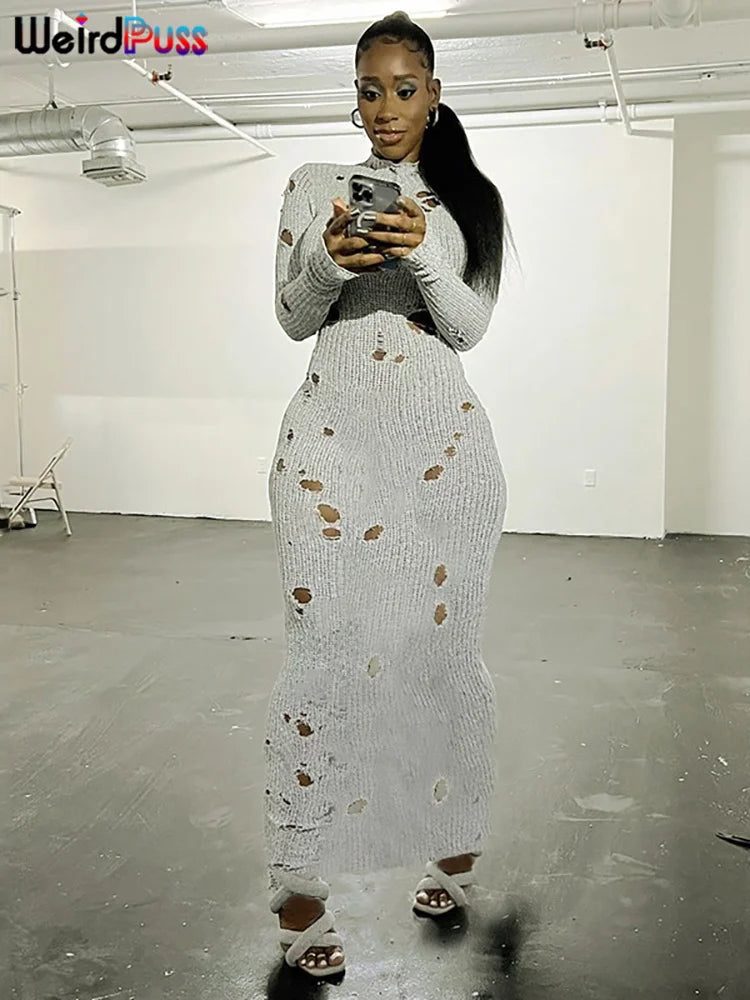 Sweater Hollow Women Dress Knit Thin Stretch Long Sleeve o-Neck