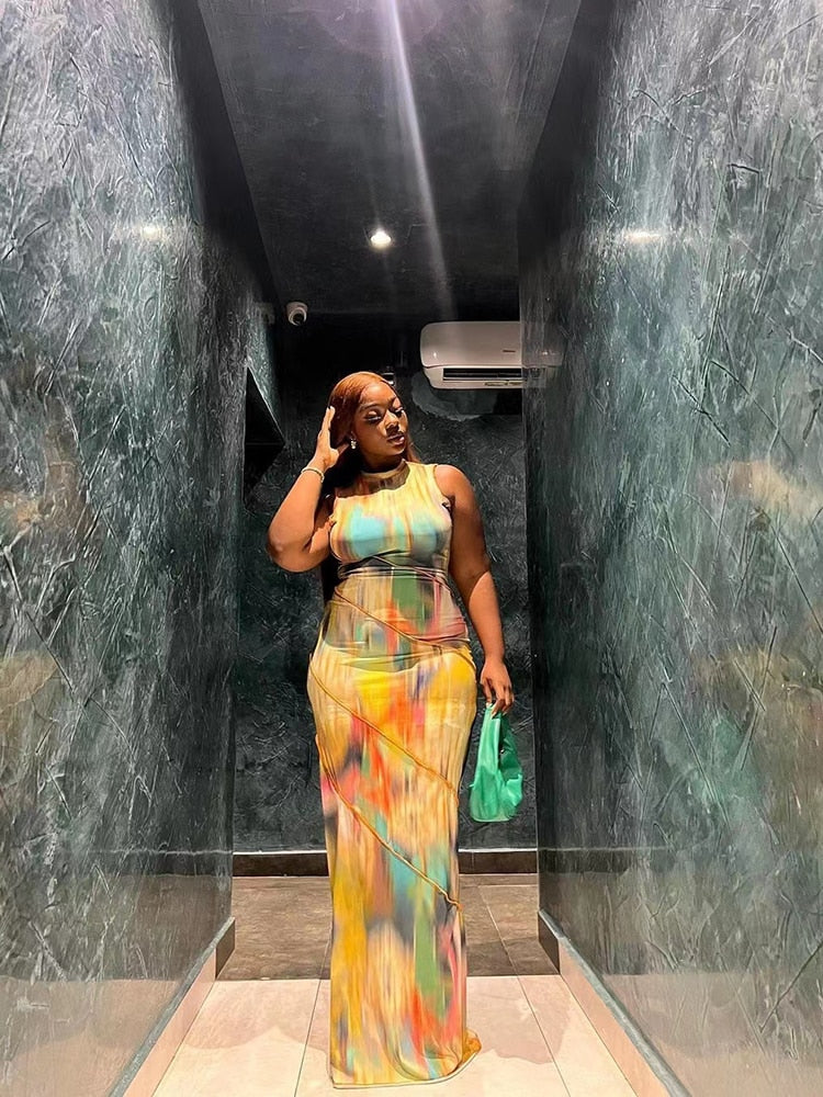Kliou Halter Aesthetic Colorful Tie Dry Maxi Dress Women Hipster Striped Patchwork Sleeveless Straight Robe Female Streetwear