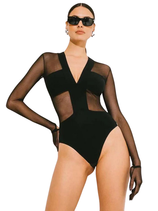 Mesh Patchwork Bodysuit V-neck Long Sleeve With Gloves Sheath