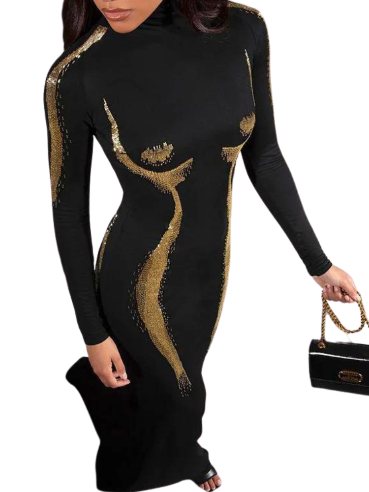 Tiara Black Turtleneck Full Sleeve Bodycon Dress