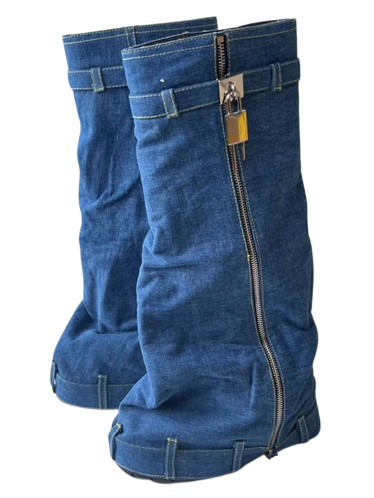 Taylor Denim Shark Boots with Lock Buckle