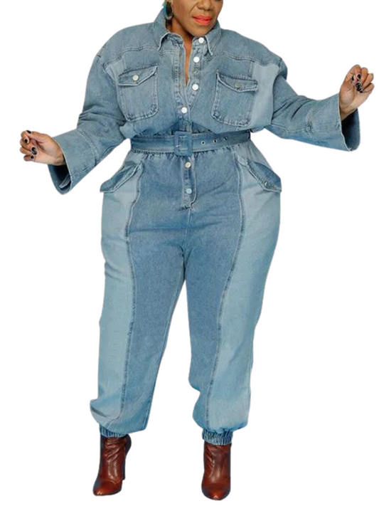 Nina Plus Size Denim Jumpsuit With Belt