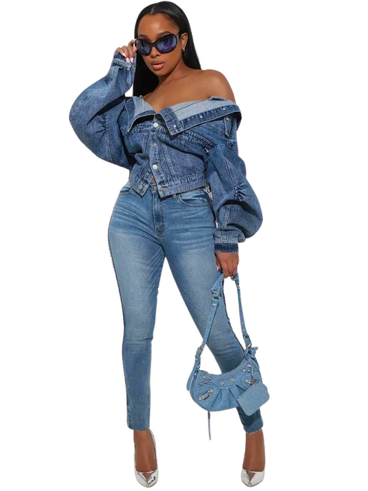 Blue Vintage Denim Turndown Collar Jacket