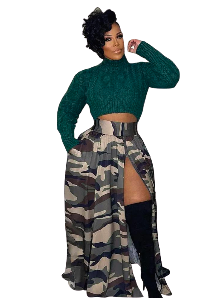 Farrah Camouflage Print Skirt with Side Slit