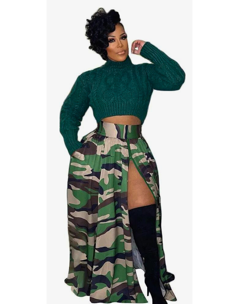 Farrah Camouflage Print Skirt with Side Slit