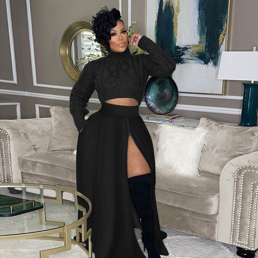 Zippered Split Elastic Waist Skirt