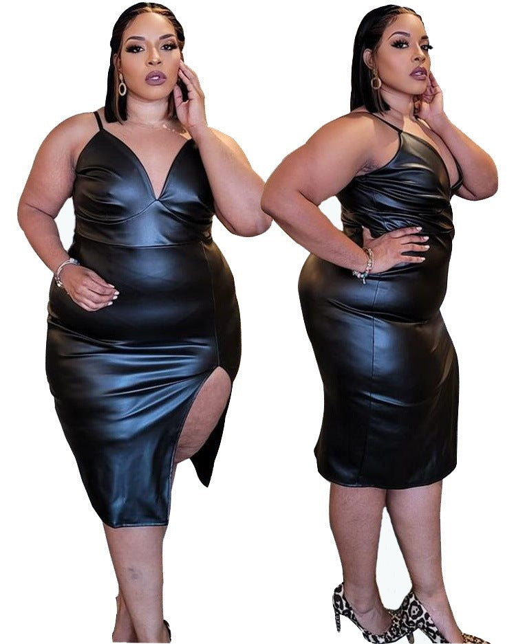 Temperament PU Leather Slit Bag Hip Suspender Skirt