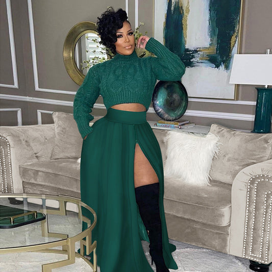 Zippered Split Elastic Waist Skirt