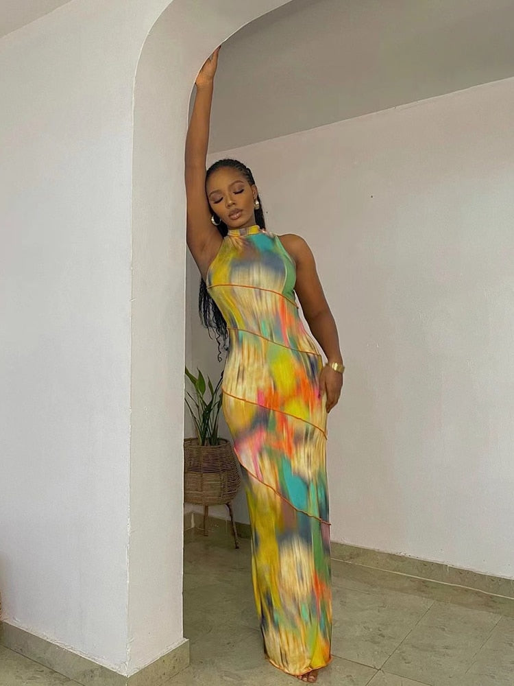 Kliou Halter Aesthetic Colorful Tie Dry Maxi Dress Women Hipster Striped Patchwork Sleeveless Straight Robe Female Streetwear