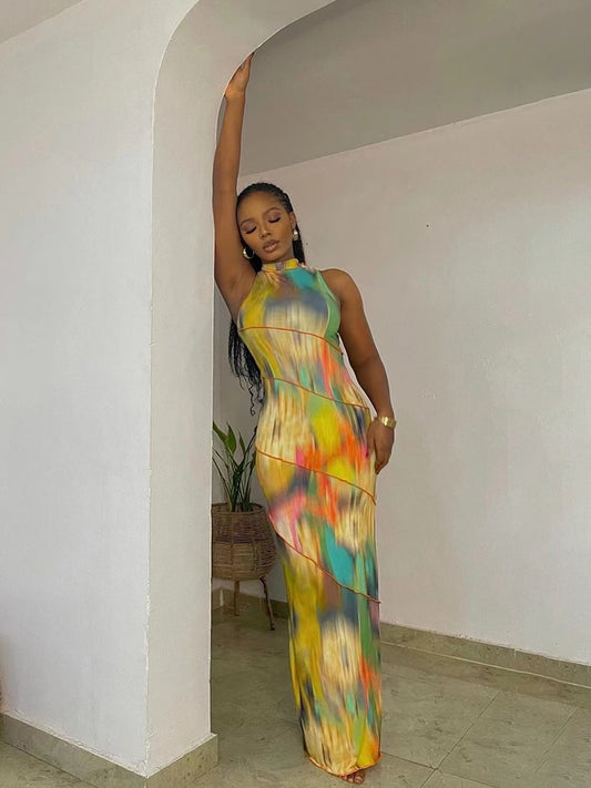 Kliou Halter Aesthetic Colorful Tie Dry Maxi Dress Women Hipster Striped Patchwork Sleeveless Straight Robe Female Streetwear